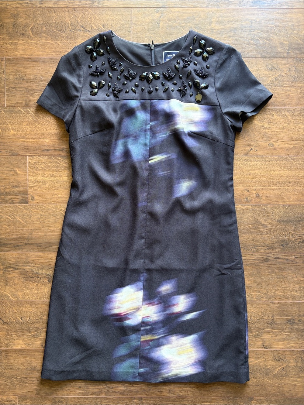 Peter Som x Anthropologie Black Floral Beaded Short-Sleeve Dress